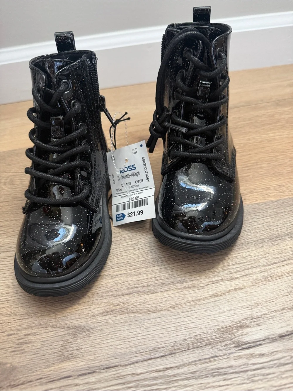 NWT Kids Black Glitter Lace-Up Boots